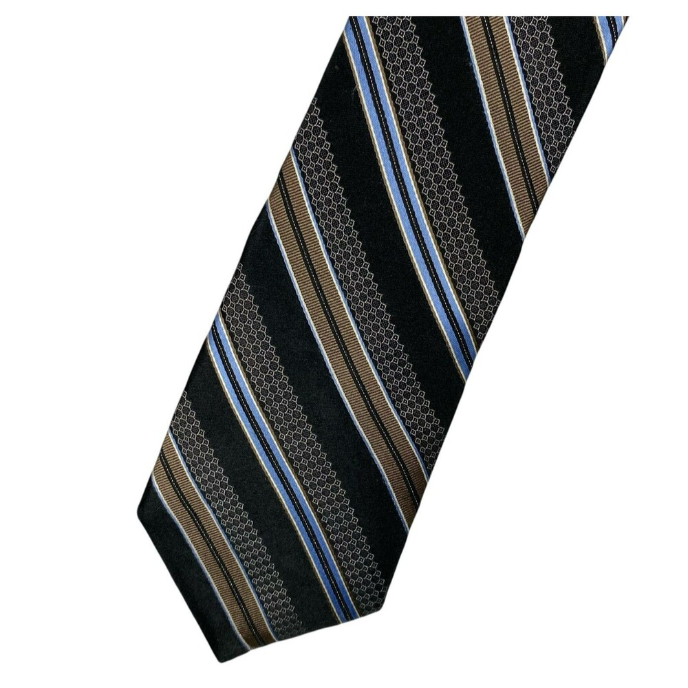 Baroni Couture 100% Silk Tie Black Blue Brown Stripe Geometric Nordstrom USA